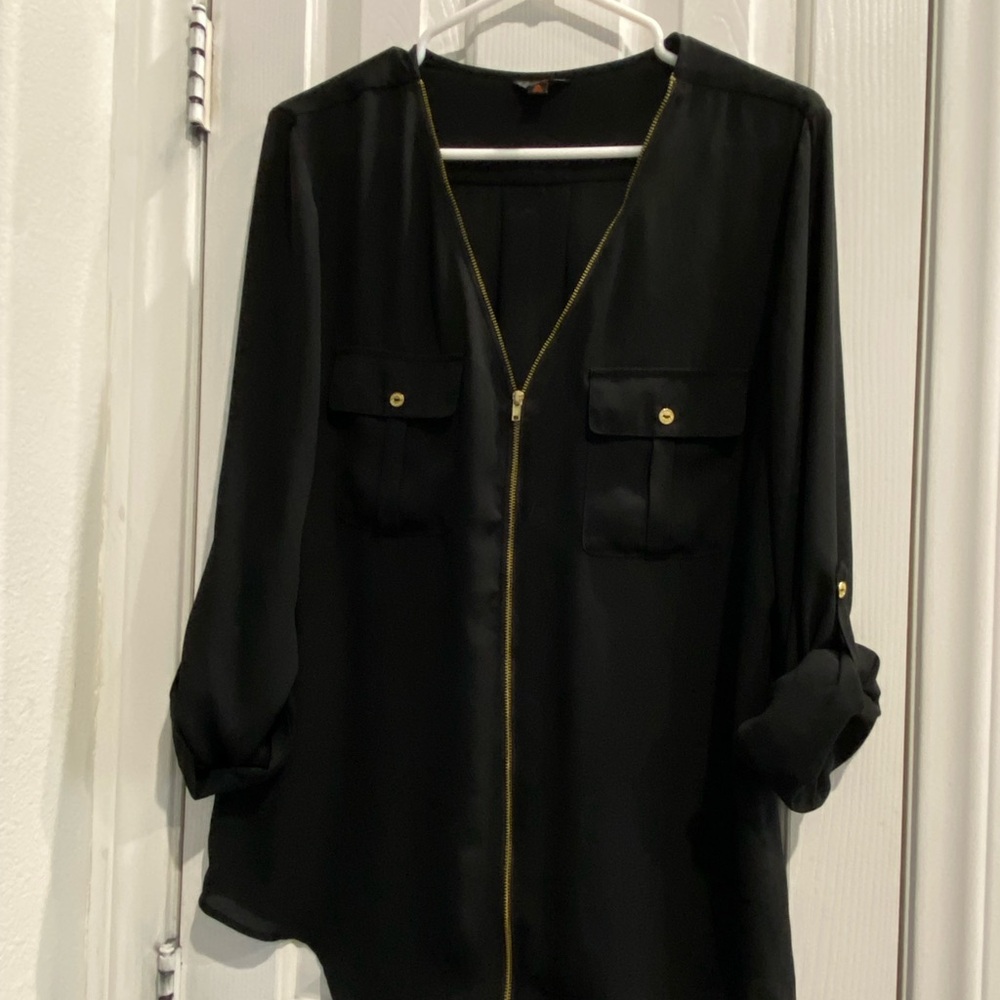 GUESS Black Zip-Up Blouse with Gold Accents XL